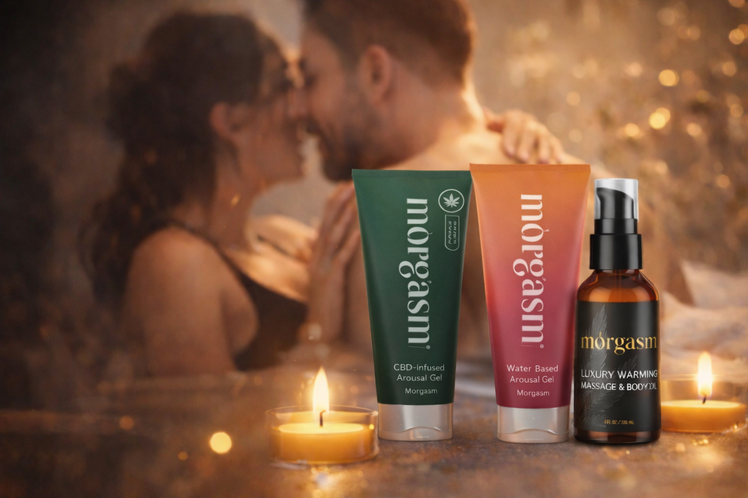 Morgasm CBD-infused arousal gel, water-based arousal gel, and luxury warming massage oil displayed beside candles with an intimate couple embracing softly in the background, evoking sensual connection and intentional touch.