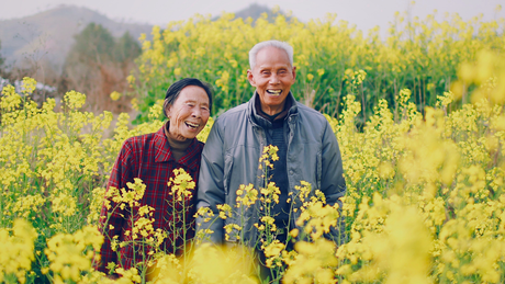 Smiling mature couple standing in a field of yellow flowers, representing intimacy and connection that deepens over time.
