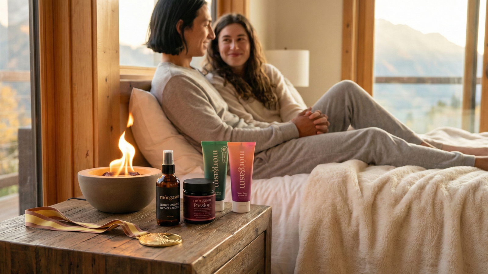 Romantic couple enjoying a cozy bedroom setting with Morgasm intimacy products displayed beside a gold medal, symbolizing a gold-medal bedroom ritual.