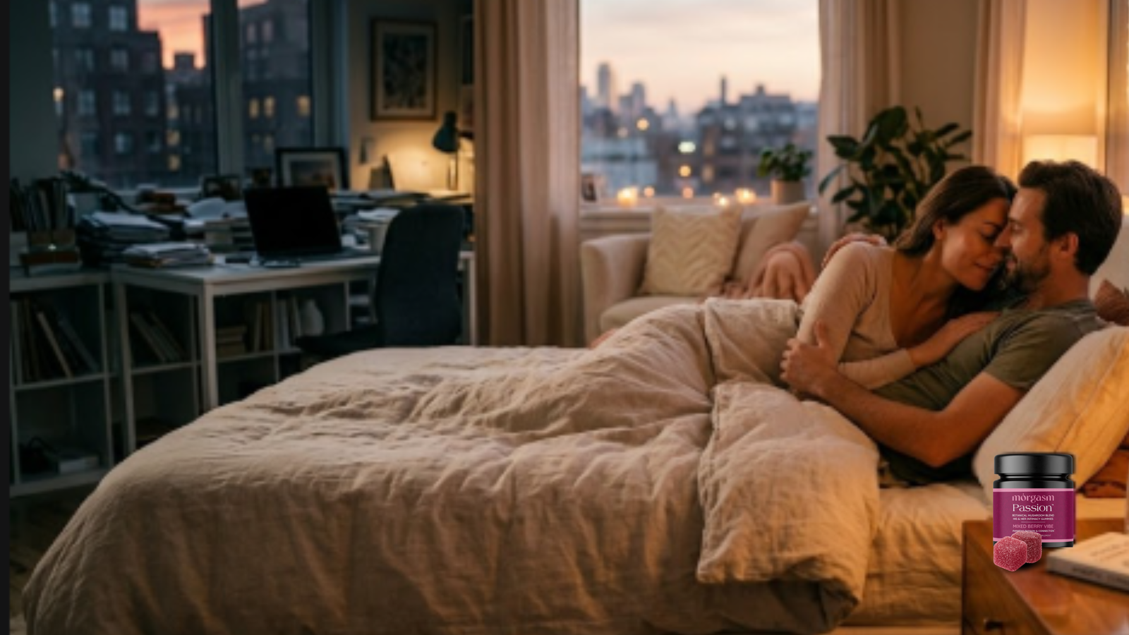 Couple reconnecting in a warm bedroom setting while a chaotic office workspace in the background reflects daily stress, with Morgasm Passion Intimacy Gummies in the foreground symbolizing a shift toward relaxation and intimacy.