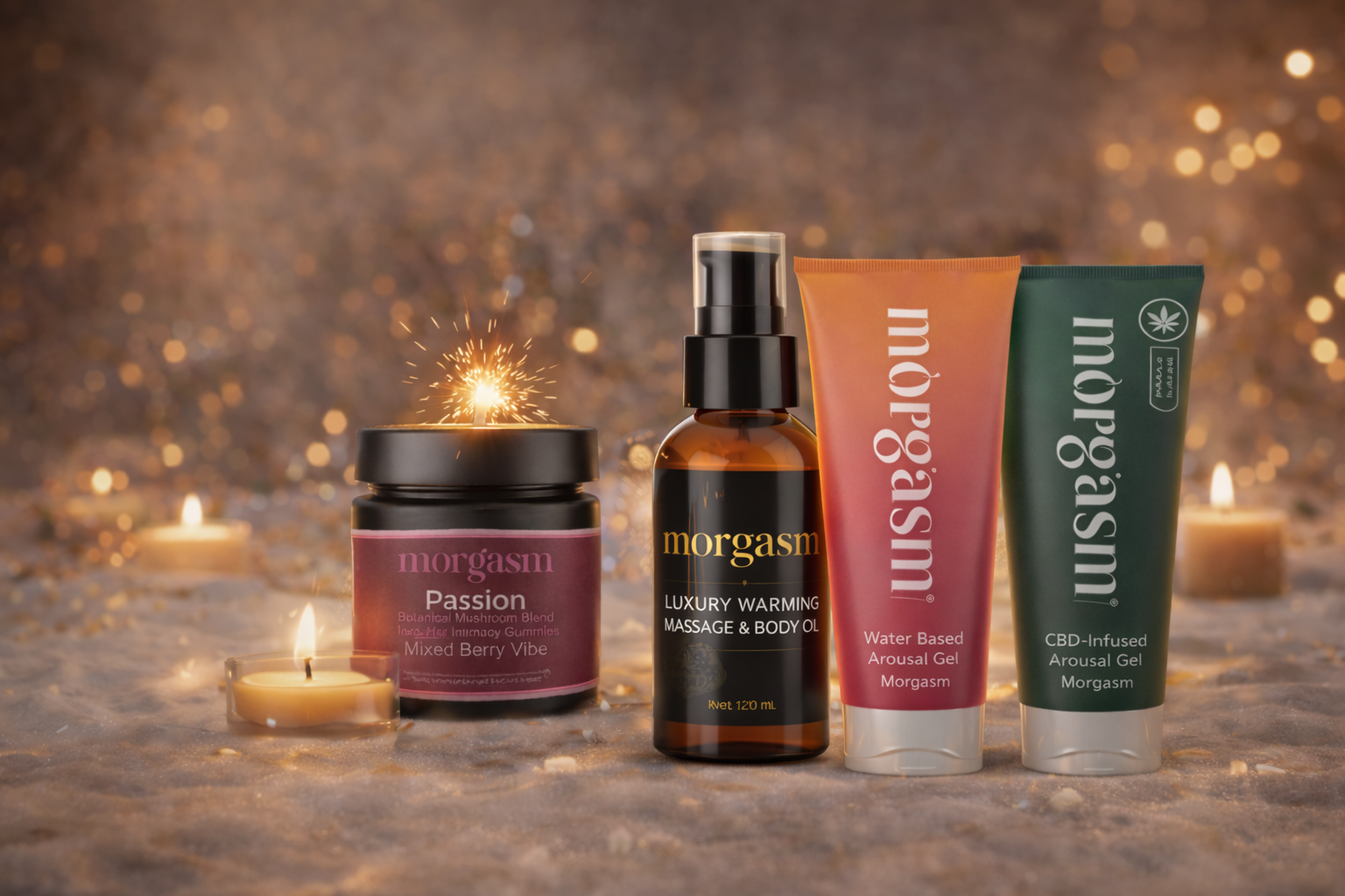 Morgasm’s four core intimacy products—Passion gummies, warming massage oil, and two arousal gels—arranged in a candlelit setting that represents an intentional intimacy ritual.