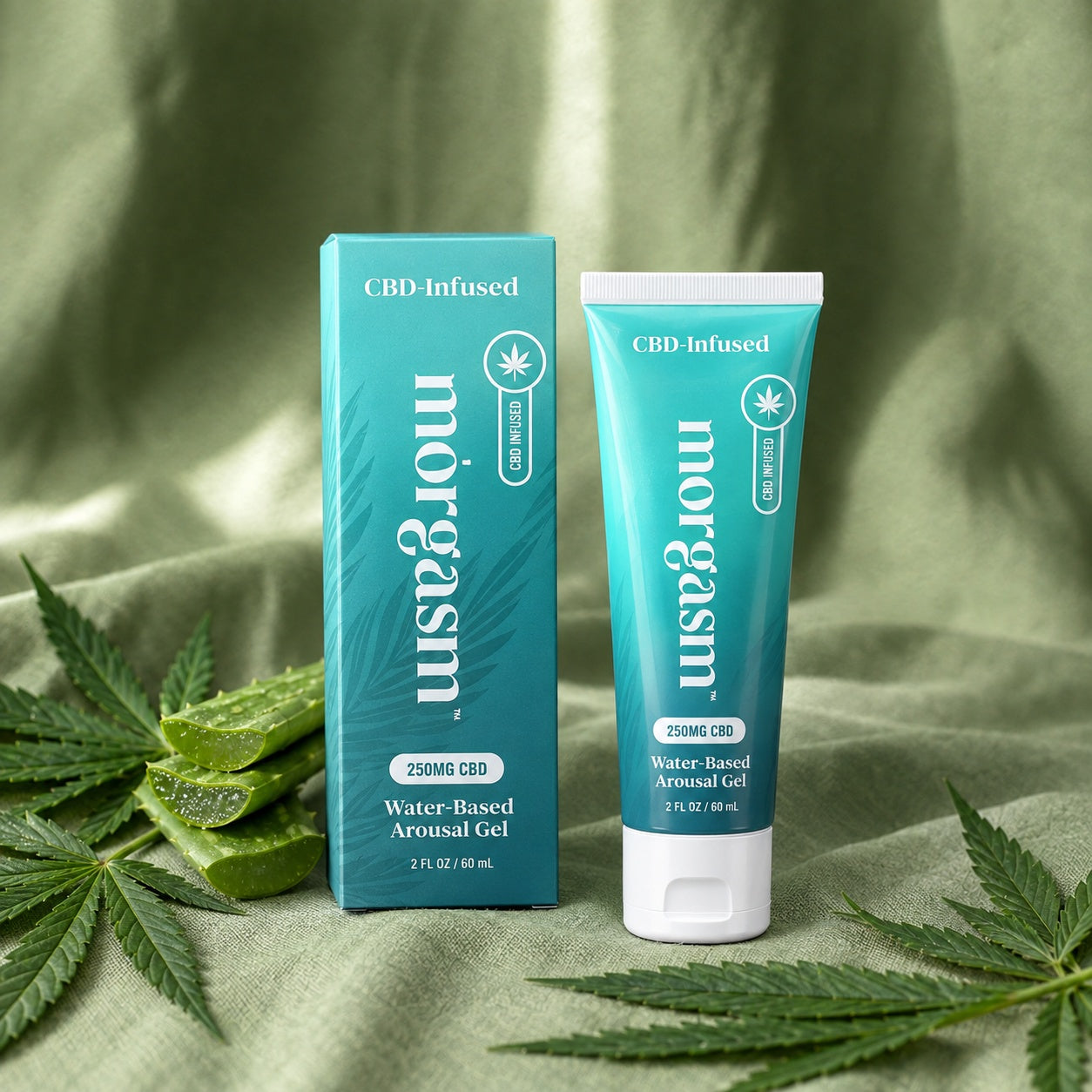CBD-Infused tube and carton with aloe and hemp on green sateen