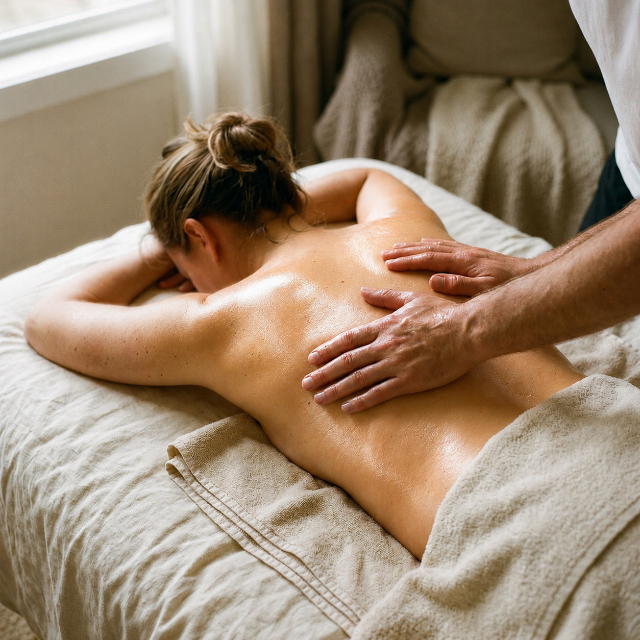 Back massage with the warming oil