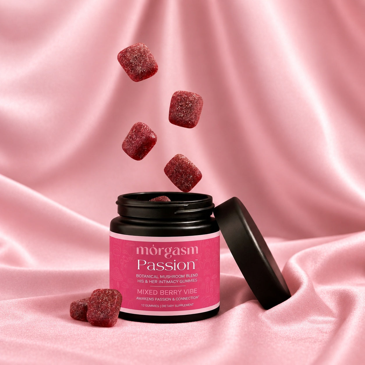 Passion Intimacy Gummies jar with gummies falling in